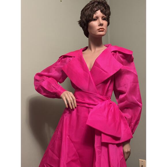 Vintage Victor Costa Hot Pink Organza Fit And Flare ”Wrap”Dress w/Bow - Picture 4 of 11